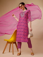 Mirror Embroidered & Printed Kurta With Pant & Dupatta Set, Multicolor - Hiral Fashion | Grocsy