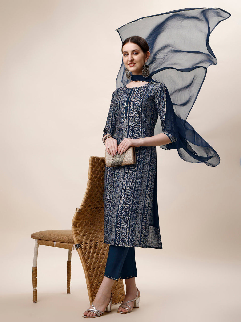 Printed Kurta With Pant And Dupatta Set, Multicolor - Hiral Fashion | Grocsy