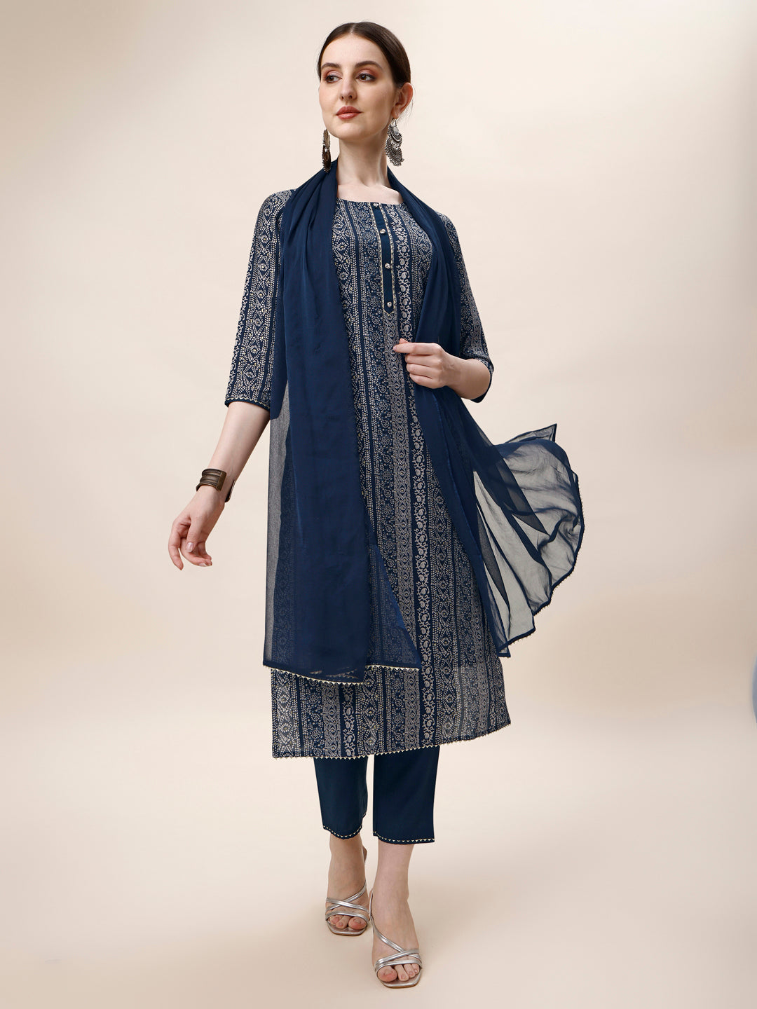 Printed Kurta With Pant And Dupatta Set, Multicolor - Hiral Fashion | Grocsy