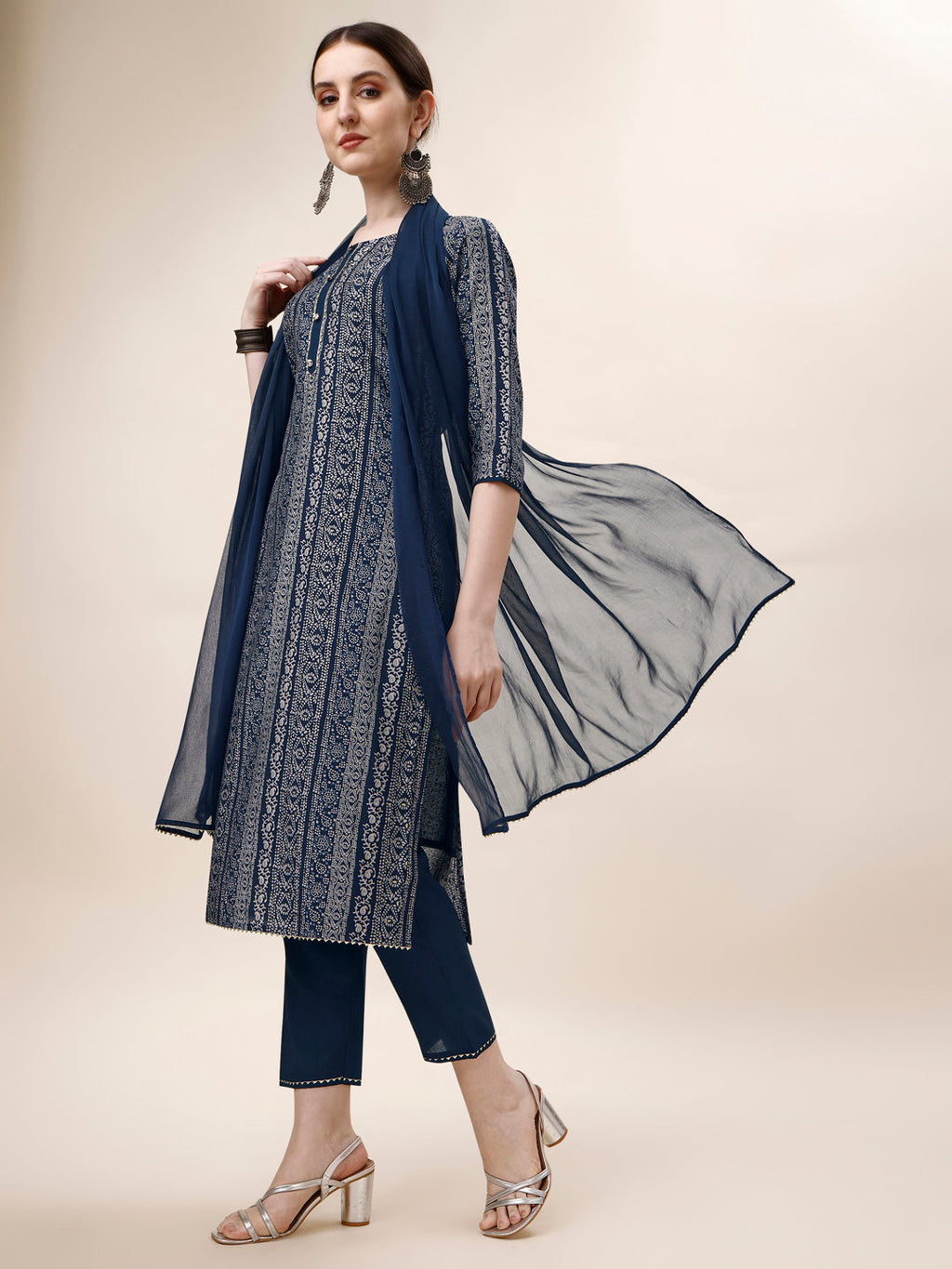 Printed Kurta With Pant And Dupatta Set, Multicolor - Hiral Fashion | Grocsy