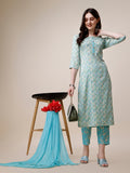 Printed Kurta With Pant And Dupatta Set, Multicolor - Hiral Fashion | Grocsy