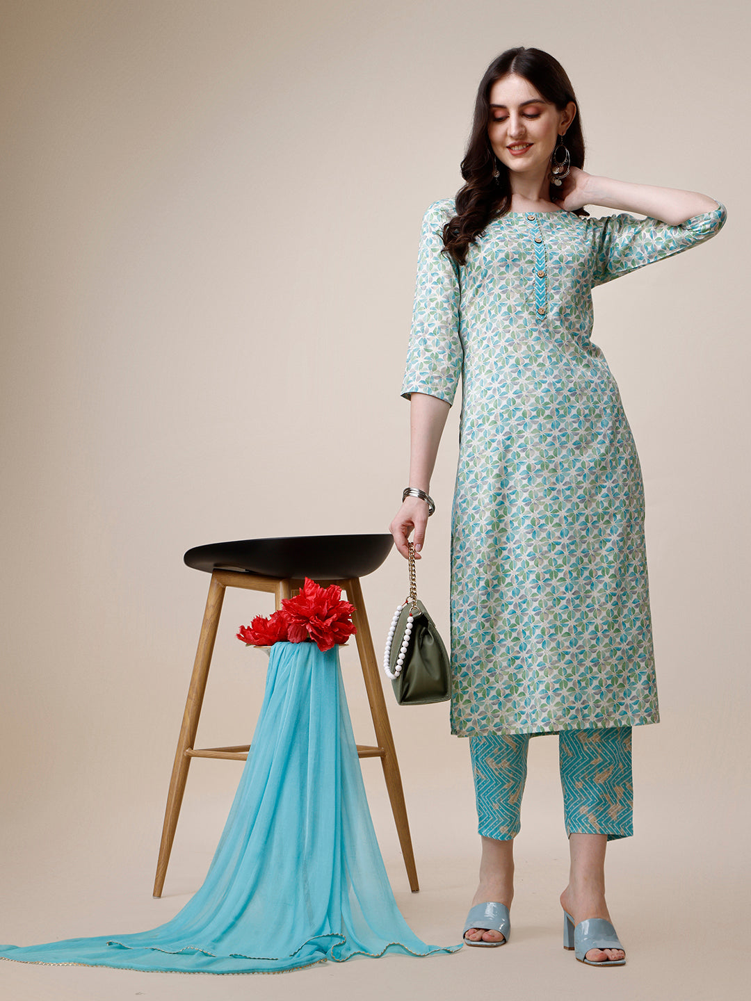 Printed Kurta With Pant And Dupatta Set, Multicolor - Hiral Fashion | Grocsy