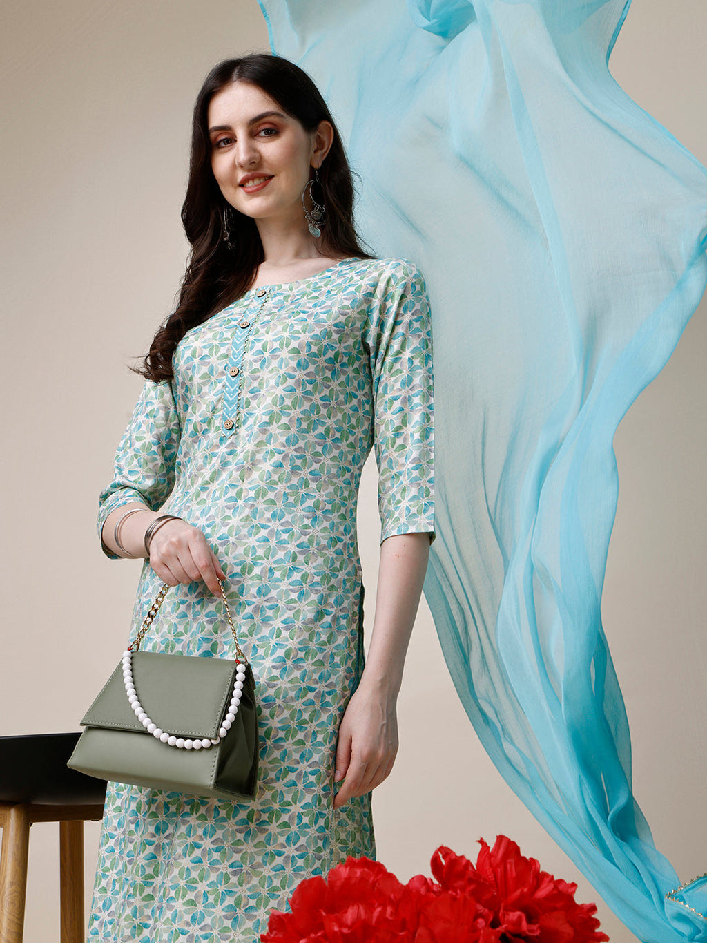 Printed Kurta With Pant And Dupatta Set, Multicolor - Hiral Fashion | Grocsy