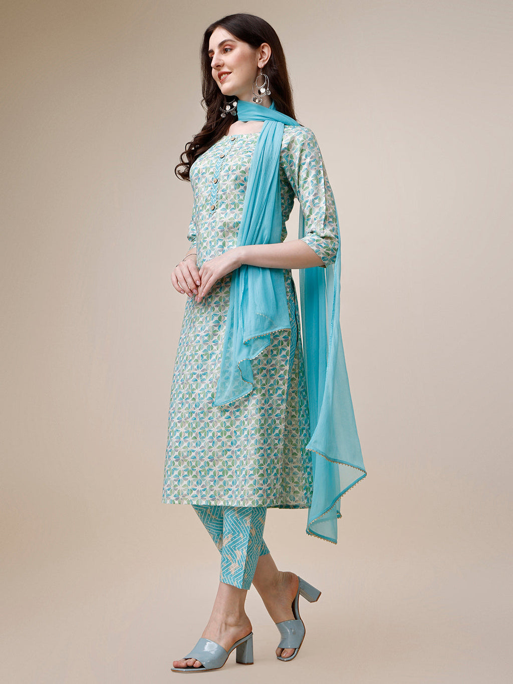 Printed Kurta With Pant And Dupatta Set, Multicolor - Hiral Fashion | Grocsy