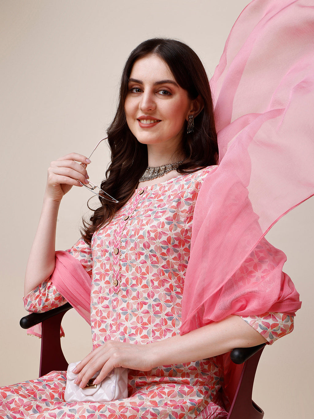 Printed Kurta With Pant And Dupatta Set, Multicolor - Hiral Fashion | Grocsy