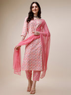 Printed Kurta With Pant And Dupatta Set, Multicolor - Hiral Fashion | Grocsy