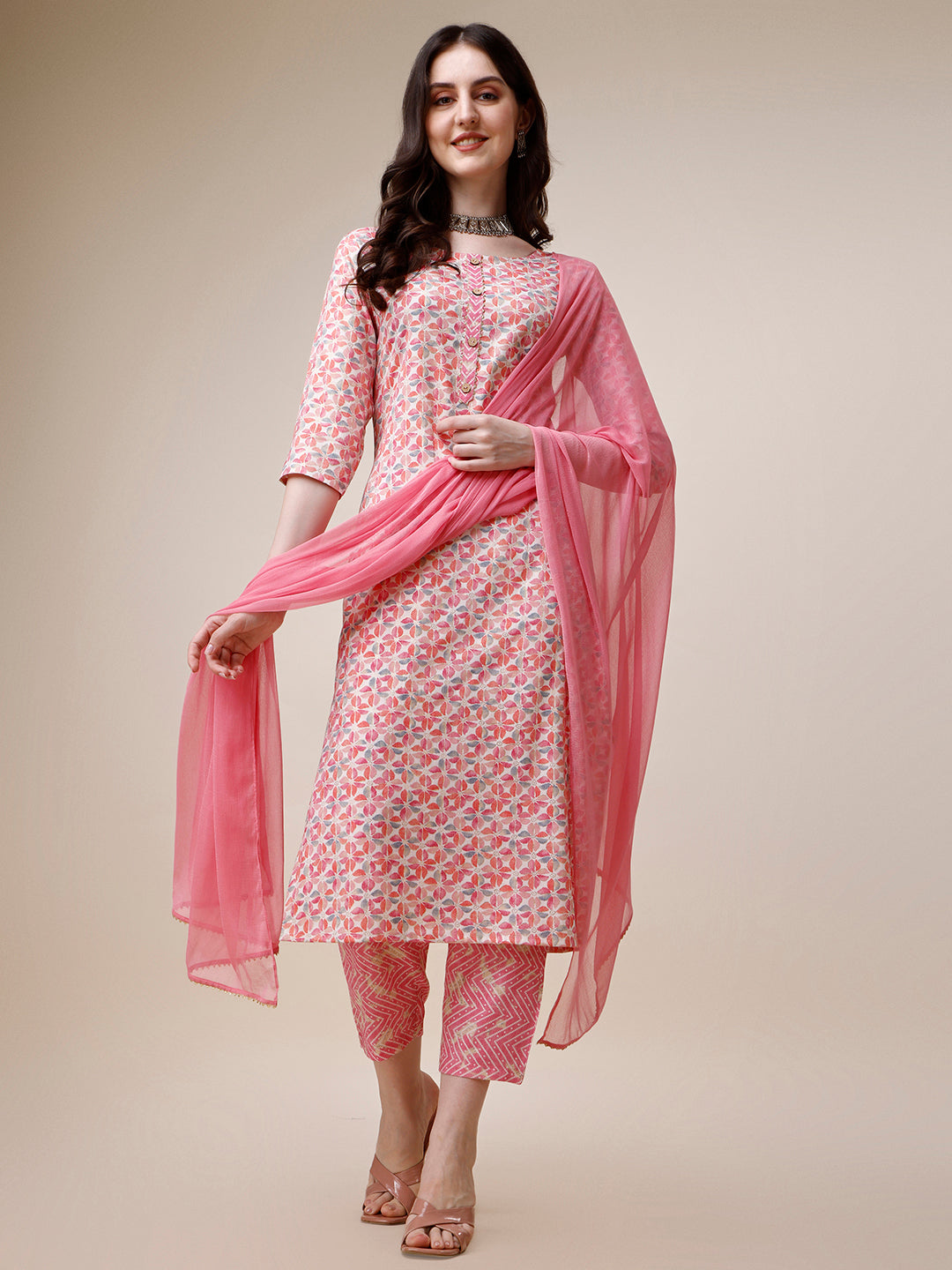 Printed Kurta With Pant And Dupatta Set, Multicolor - Hiral Fashion | Grocsy