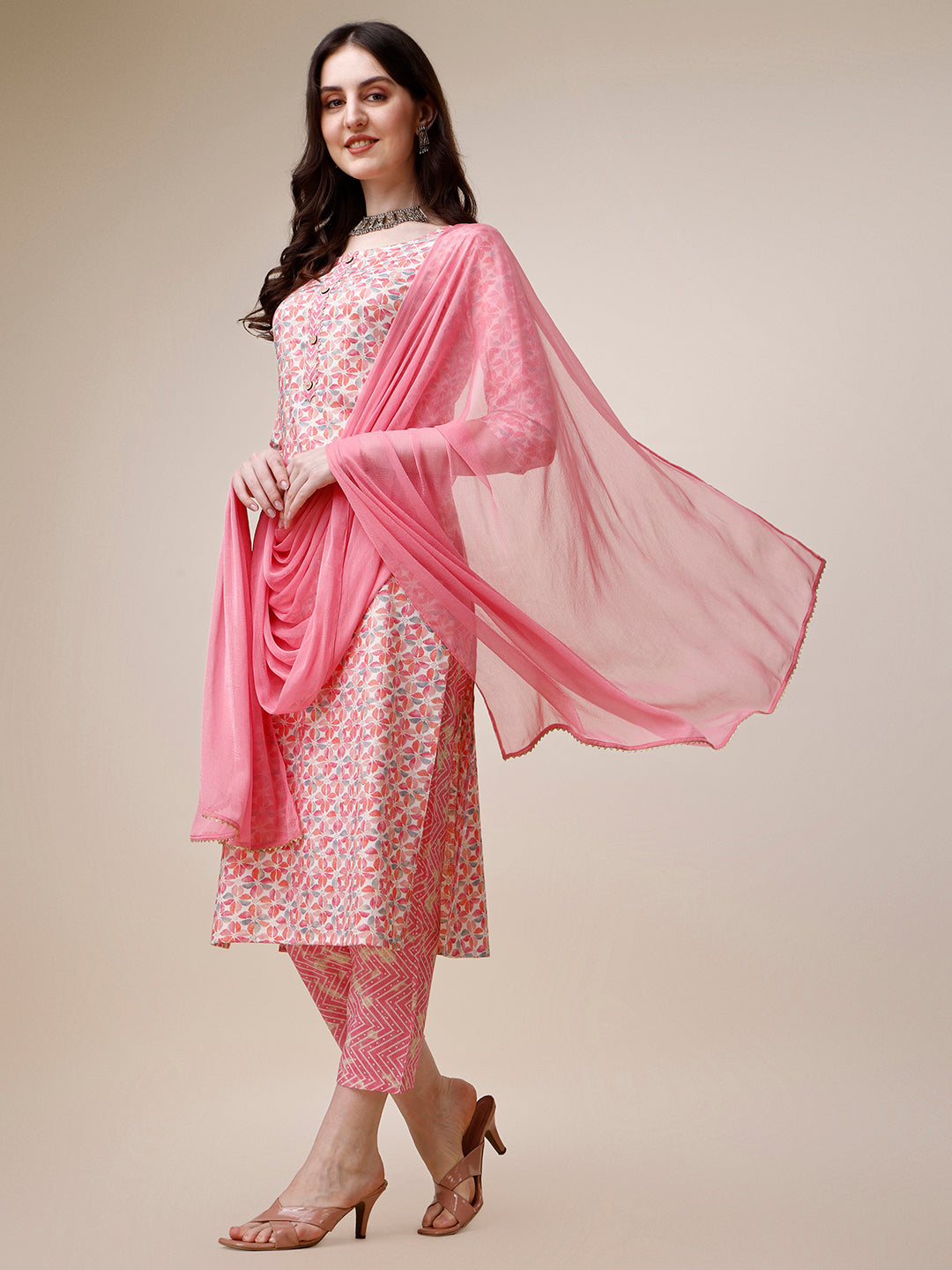 Printed Kurta With Pant And Dupatta Set, Multicolor - Hiral Fashion | Grocsy