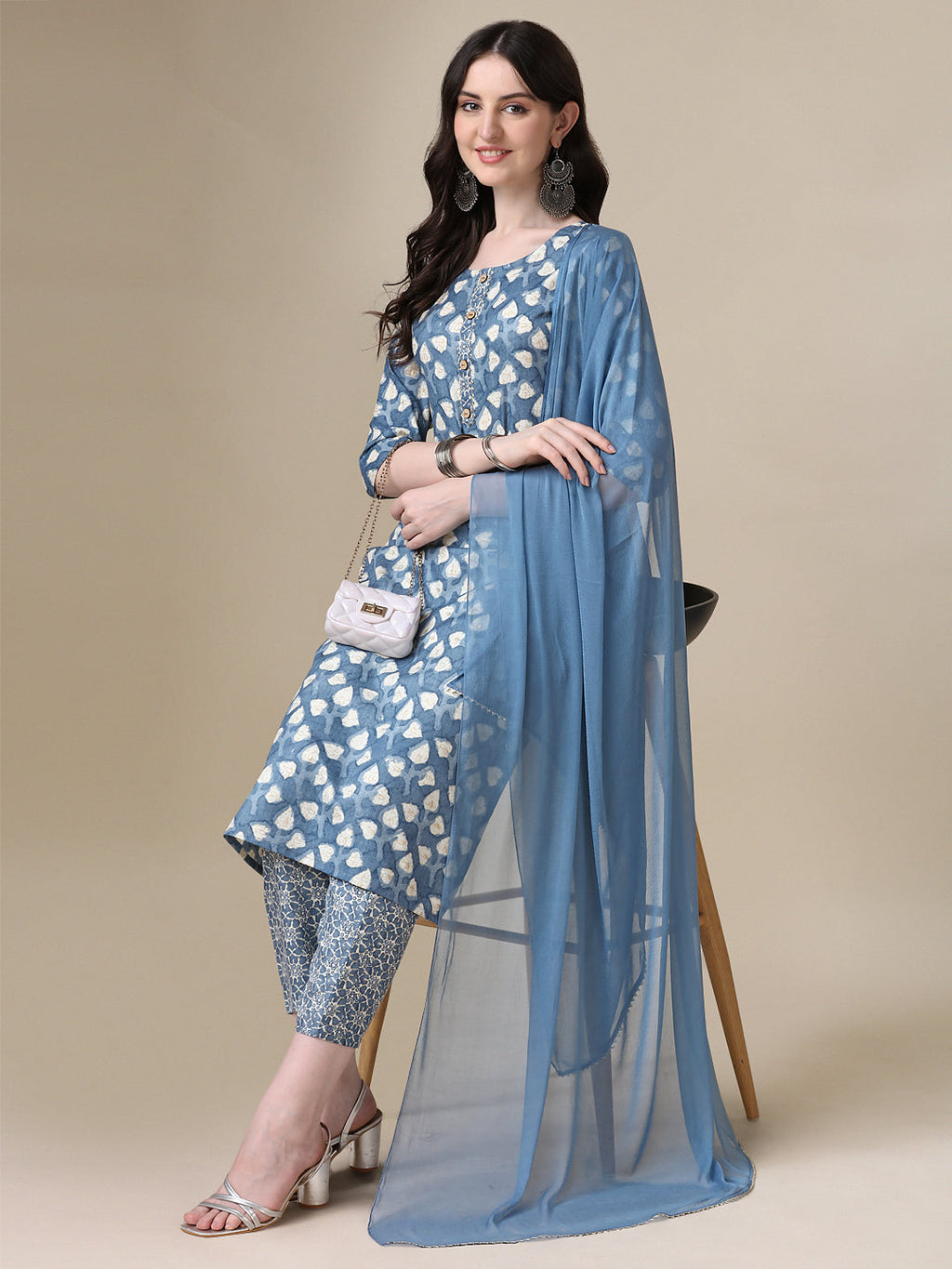 Printed Kurta With Pant & Dupatta Set, Multicolor - Hiral Fashion | Grocsy