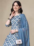 Printed Kurta With Pant & Dupatta Set, Multicolor - Hiral Fashion | Grocsy