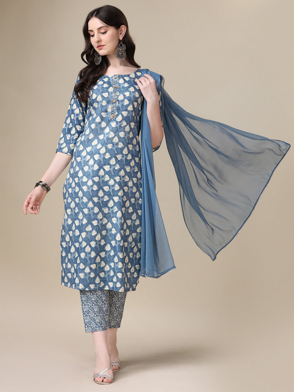 Printed Kurta With Pant & Dupatta Set, Multicolor - Hiral Fashion | Grocsy
