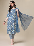 Printed Kurta With Pant & Dupatta Set, Multicolor - Hiral Fashion | Grocsy