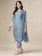 Printed Kurta With Pant & Dupatta Set, Multicolor - Hiral Fashion | Grocsy