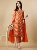 Printed Kurta With Pant And Dupatta Set, Multicolor - Hiral Fashion | Grocsy