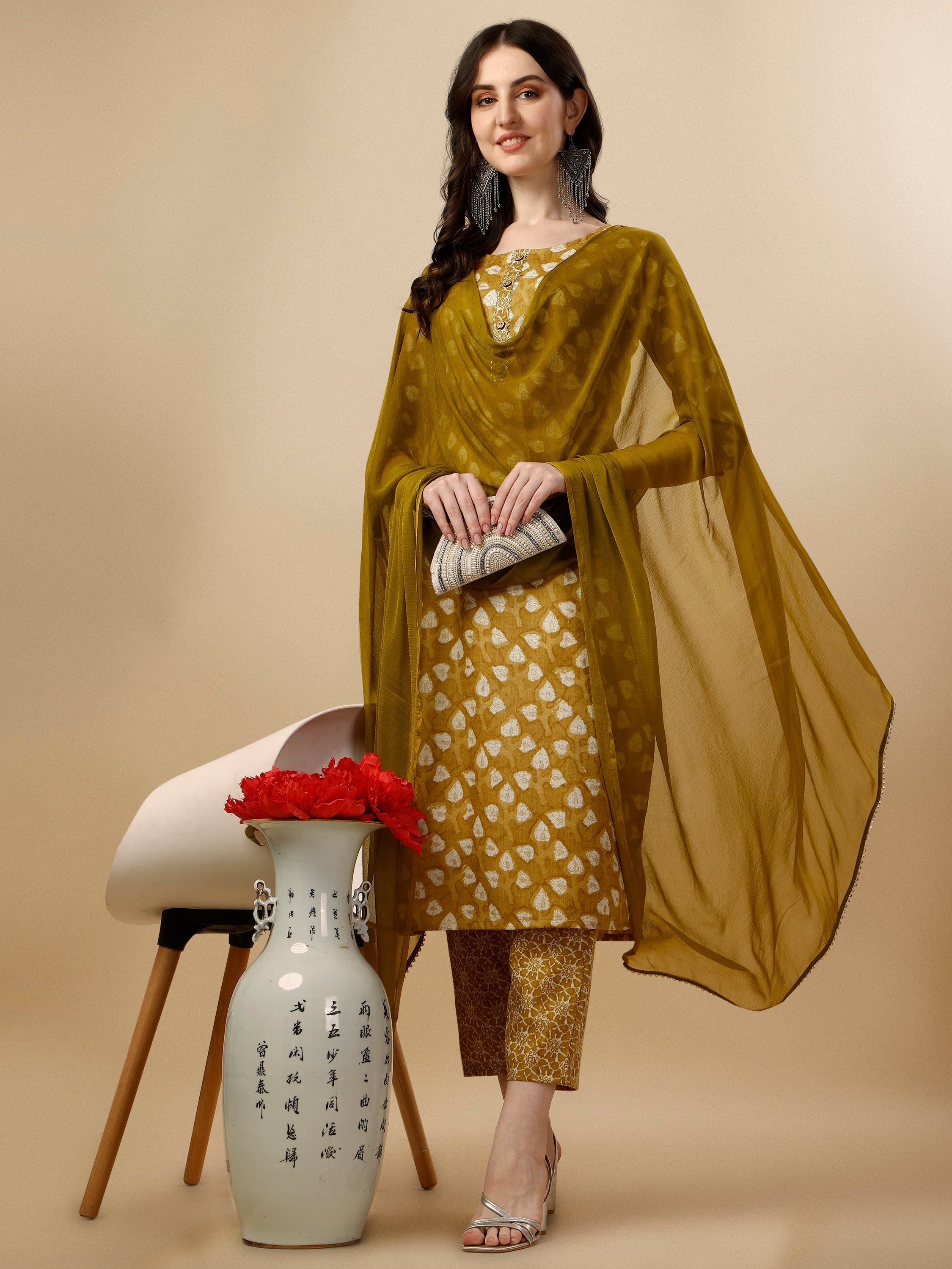 Printed Kurta With Pant & Dupatta Set, Multicolor - Hiral Fashion | Grocsy
