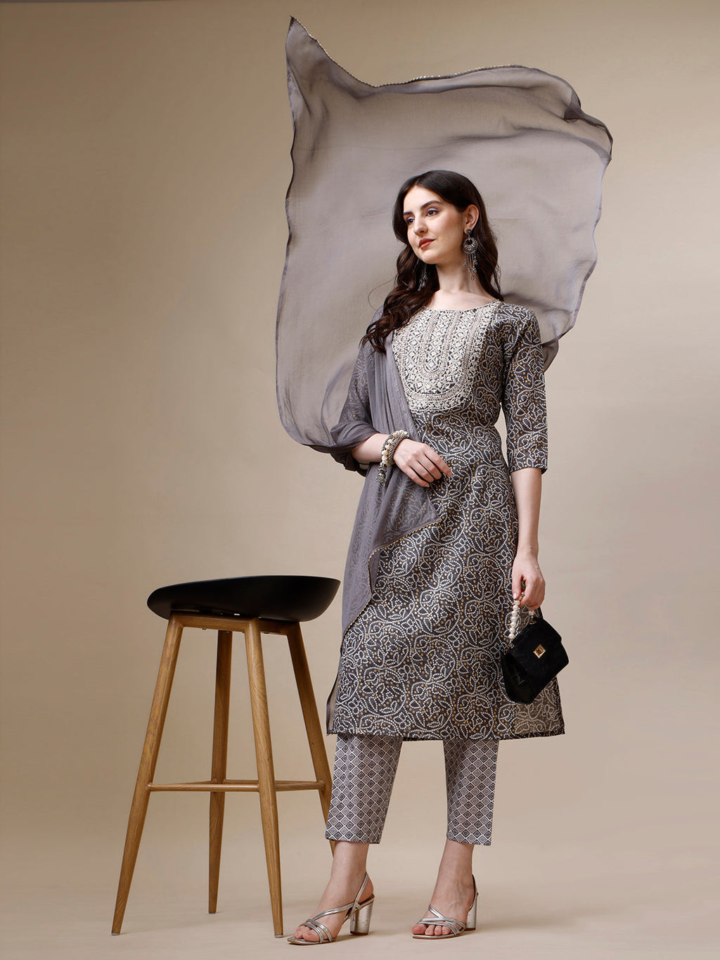 Thread Embroidered Bandhani Printed Kurta With Pant And Dupatta Set, Multicolor - Hiral Fashion | Grocsy