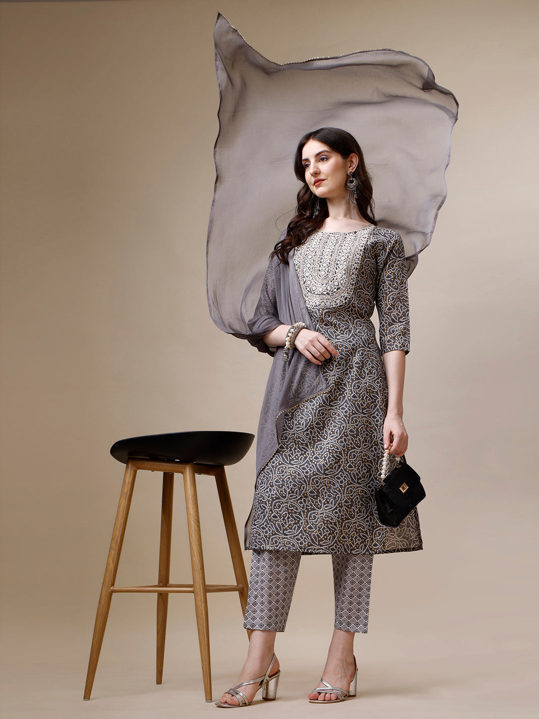 Thread Embroidered Bandhani Printed Kurta With Pant And Dupatta Set, Multicolor - Hiral Fashion | Grocsy