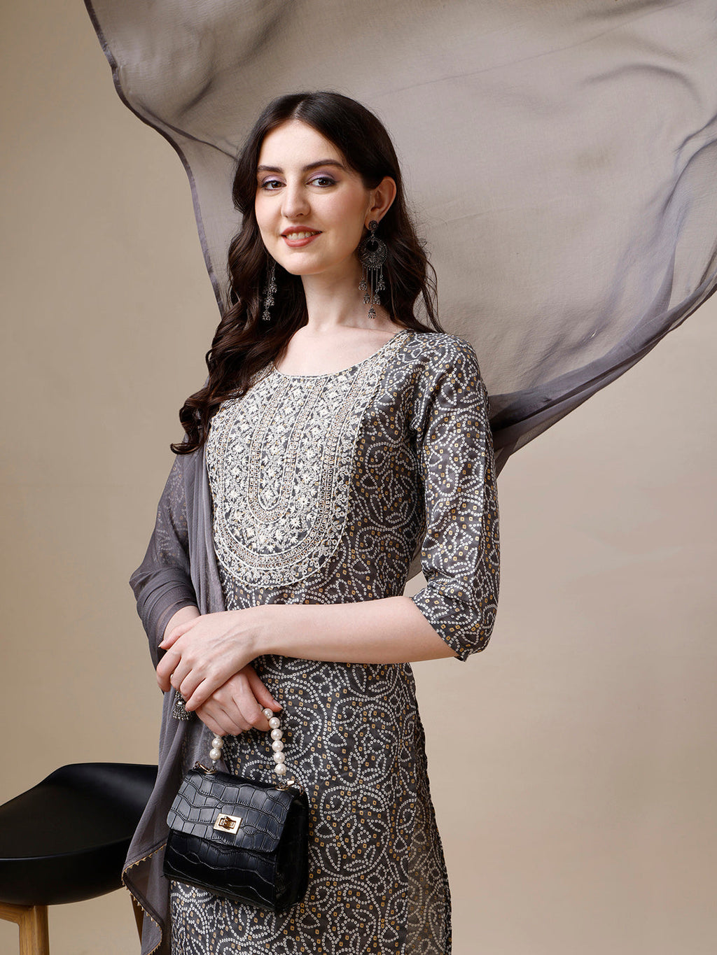 Thread Embroidered Bandhani Printed Kurta With Pant And Dupatta Set, Multicolor - Hiral Fashion | Grocsy