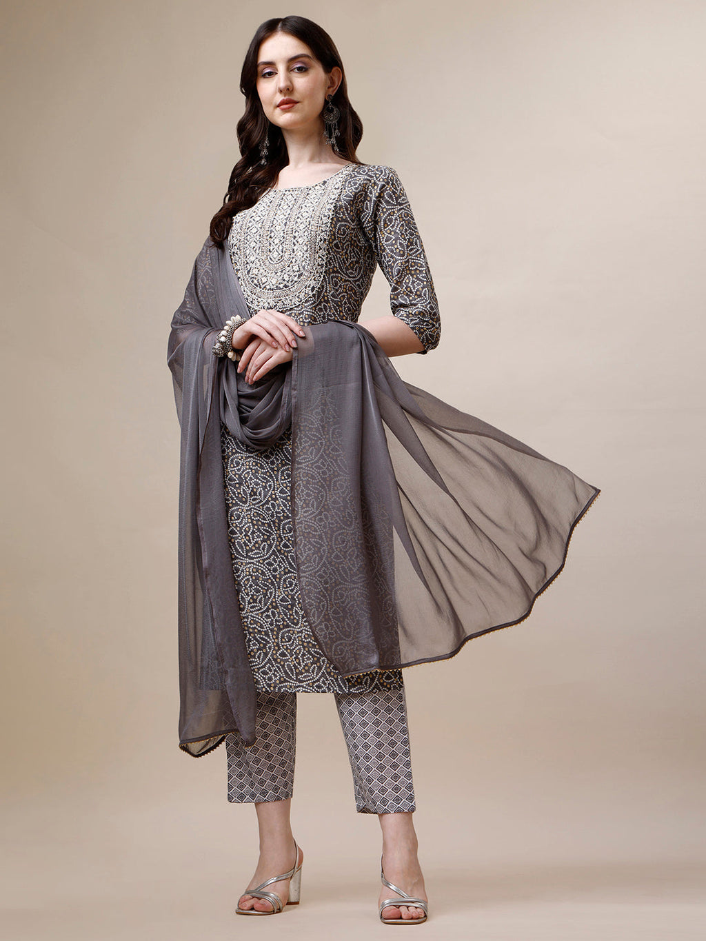 Thread Embroidered Bandhani Printed Kurta With Pant And Dupatta Set, Multicolor - Hiral Fashion | Grocsy