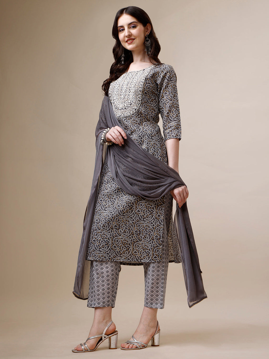 Thread Embroidered Bandhani Printed Kurta With Pant And Dupatta Set, Multicolor - Hiral Fashion | Grocsy