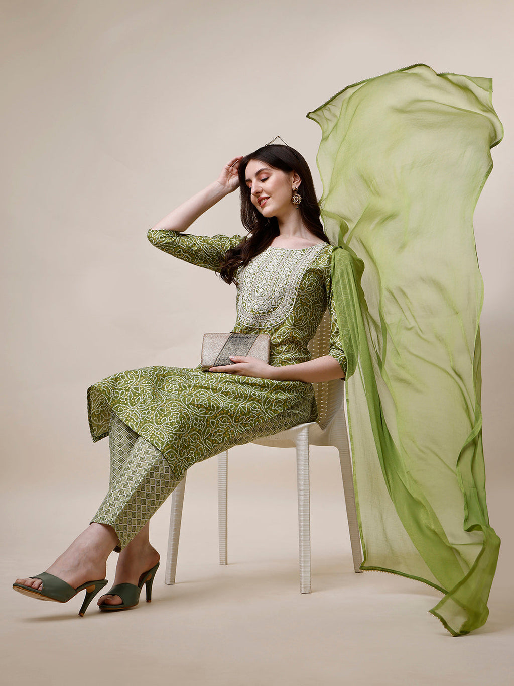 Thread Embroidered Bandhani Printed Kurta With Pant And Dupatta Set, Multicolor - Hiral Fashion | Grocsy