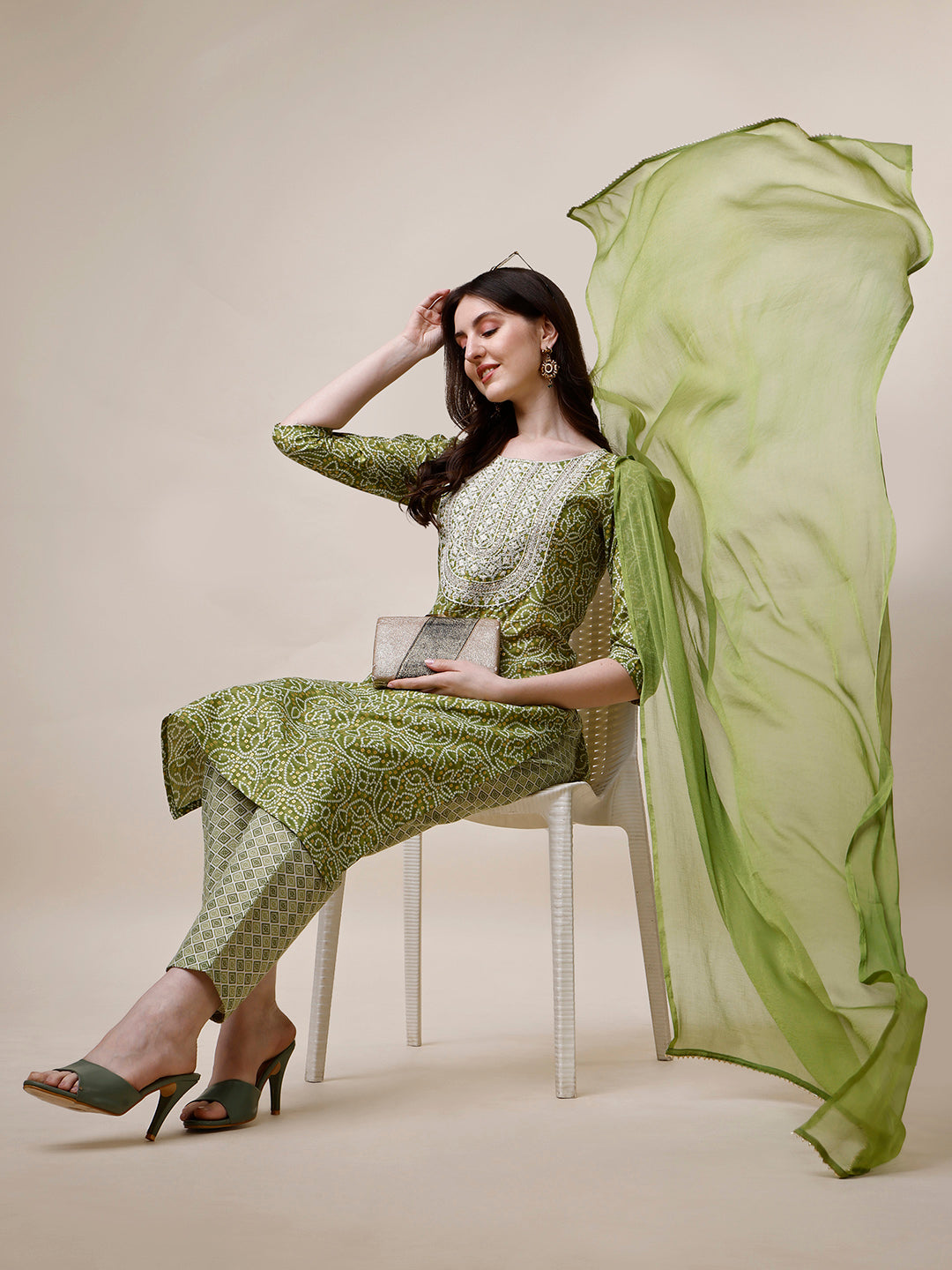 Thread Embroidered Bandhani Printed Kurta With Pant And Dupatta Set, Multicolor - Hiral Fashion | Grocsy