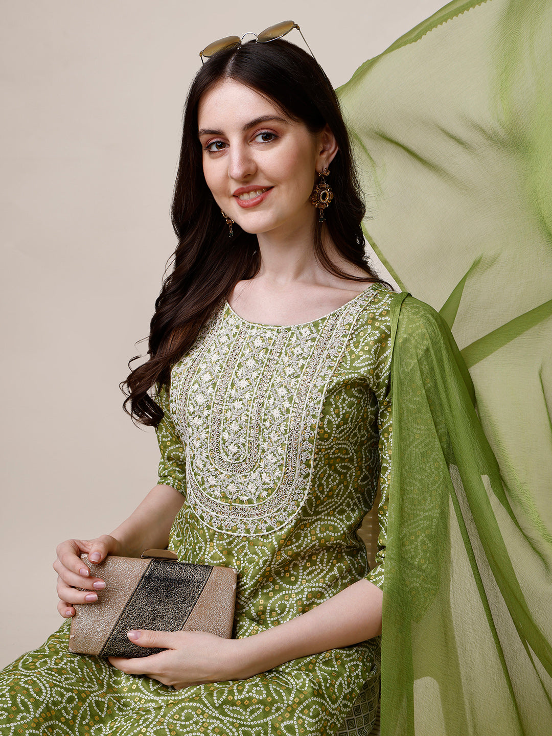 Thread Embroidered Bandhani Printed Kurta With Pant And Dupatta Set, Multicolor - Hiral Fashion | Grocsy