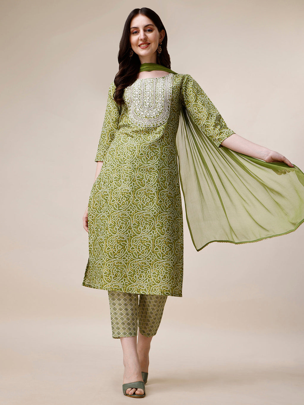 Thread Embroidered Bandhani Printed Kurta With Pant And Dupatta Set, Multicolor - Hiral Fashion | Grocsy