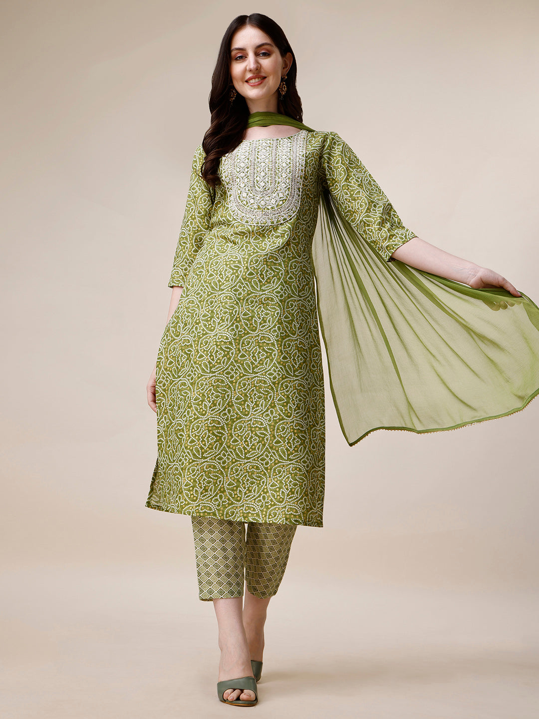 Thread Embroidered Bandhani Printed Kurta With Pant And Dupatta Set, Multicolor - Hiral Fashion | Grocsy