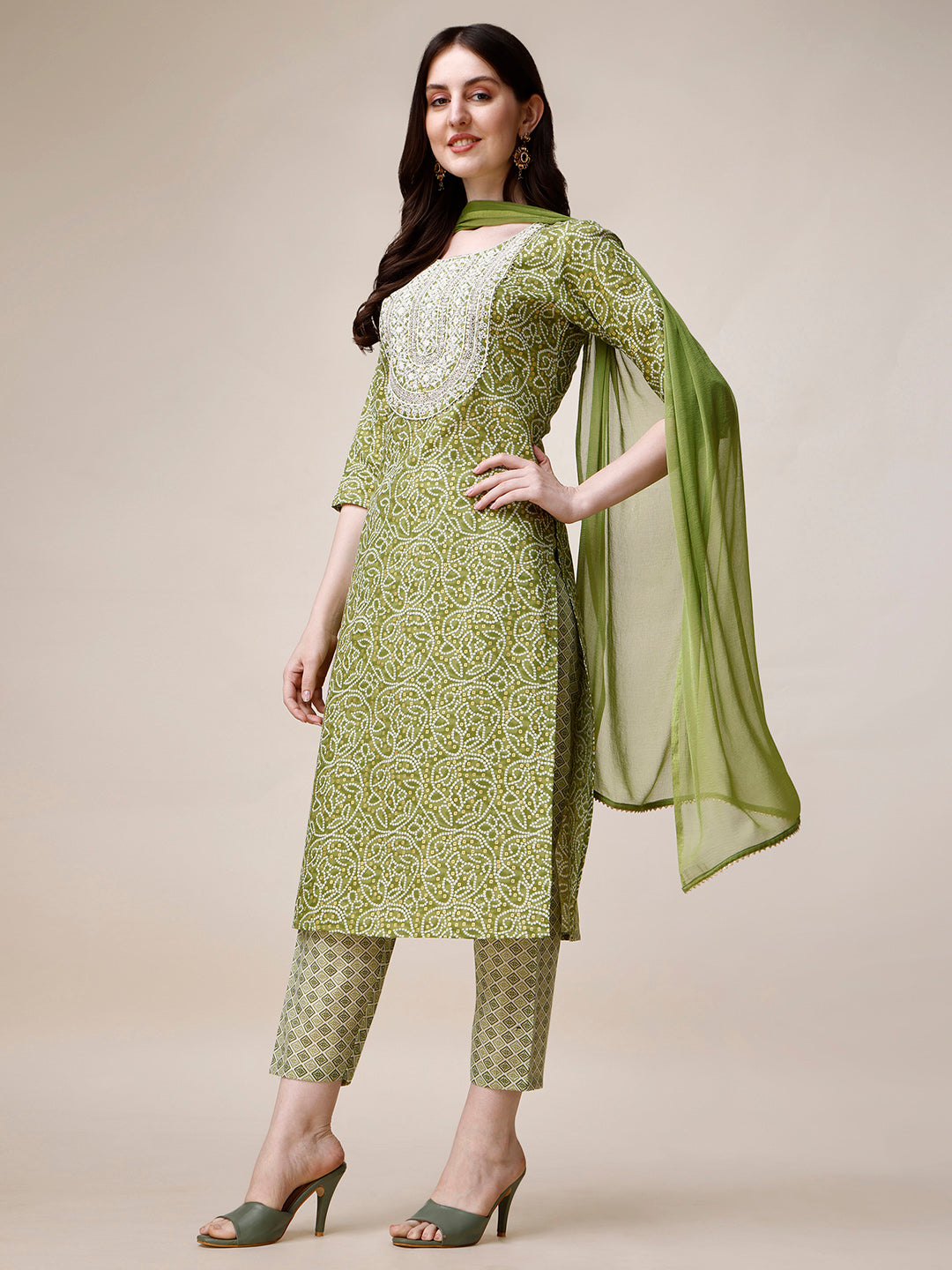 Thread Embroidered Bandhani Printed Kurta With Pant And Dupatta Set, Multicolor - Hiral Fashion | Grocsy