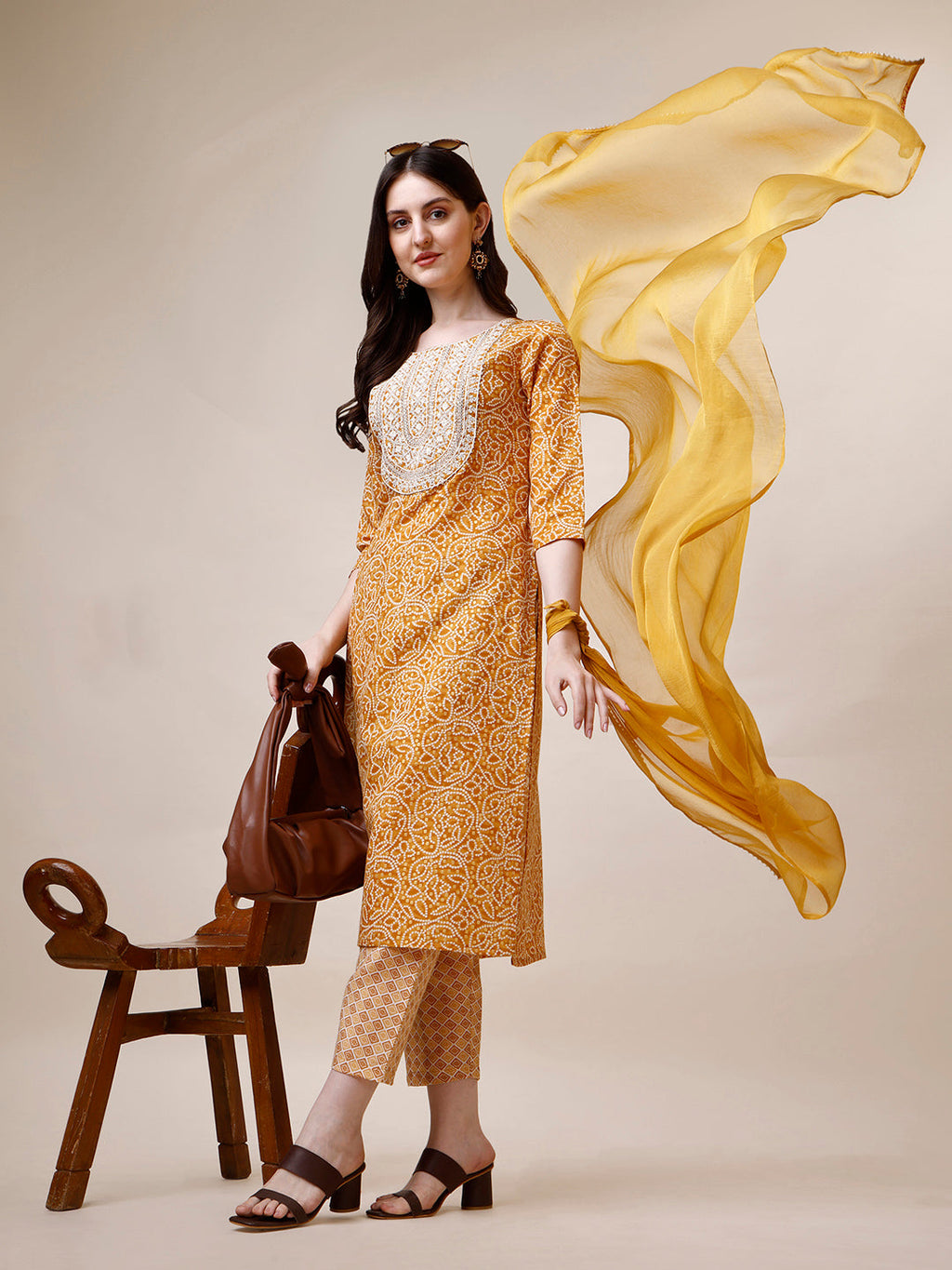 Thread Embroidered Bandhani Printed Kurta With Pant And Dupatta Set, Multicolor - Hiral Fashion | Grocsy