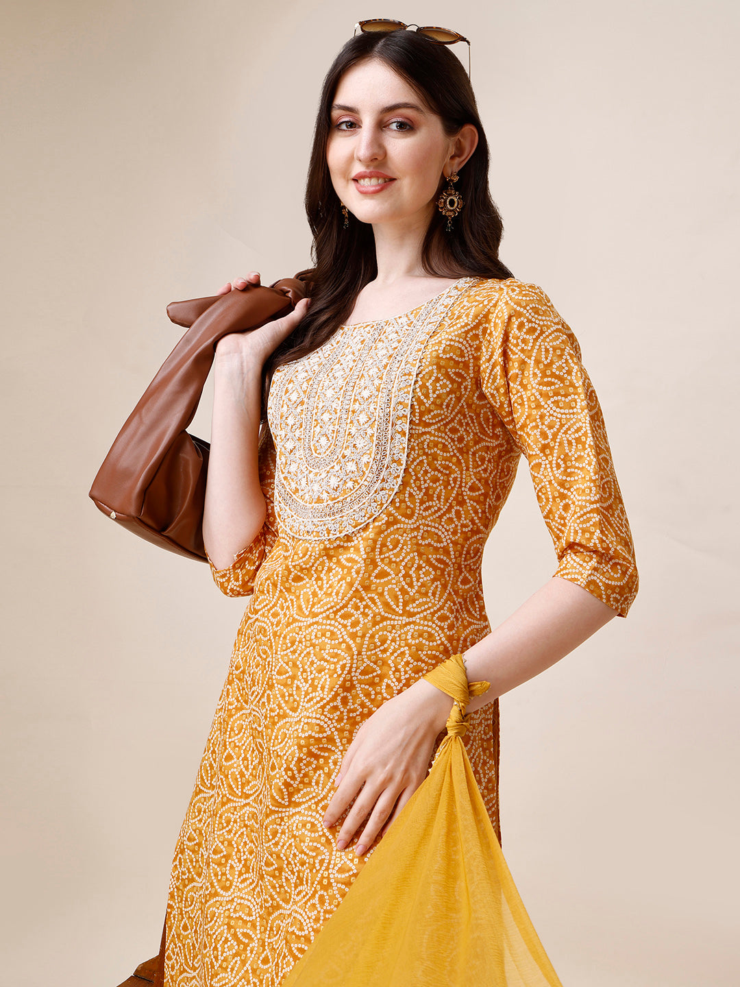 Thread Embroidered Bandhani Printed Kurta With Pant And Dupatta Set, Multicolor - Hiral Fashion | Grocsy