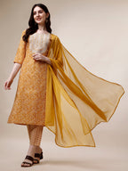 Thread Embroidered Bandhani Printed Kurta With Pant And Dupatta Set, Multicolor - Hiral Fashion | Grocsy