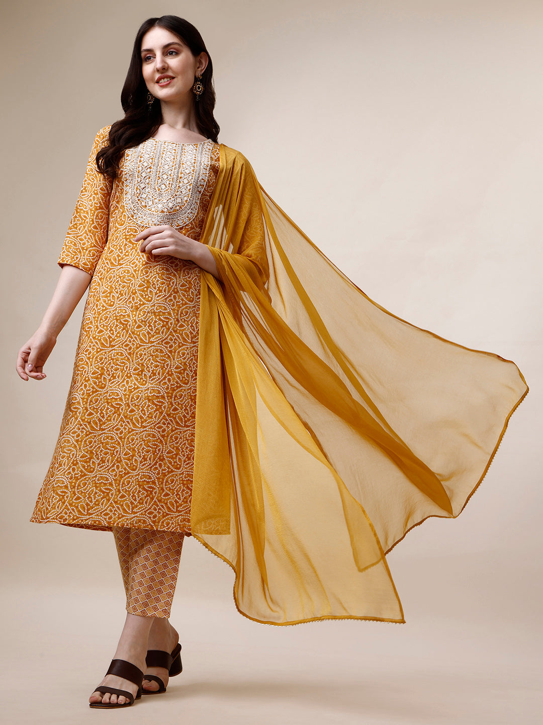 Thread Embroidered Bandhani Printed Kurta With Pant And Dupatta Set, Multicolor - Hiral Fashion | Grocsy