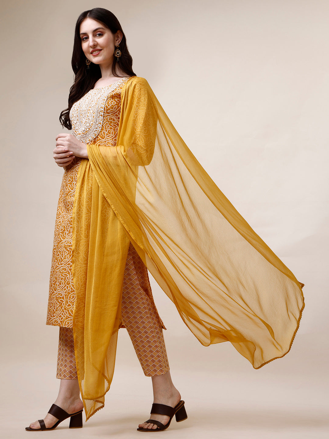 Thread Embroidered Bandhani Printed Kurta With Pant And Dupatta Set, Multicolor - Hiral Fashion | Grocsy