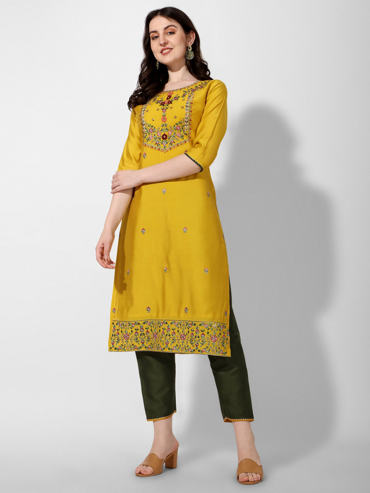 Embroidered Kurta With Pant & Printed Dupatta Set, Multicolor - Hiral Fashion | Grocsy