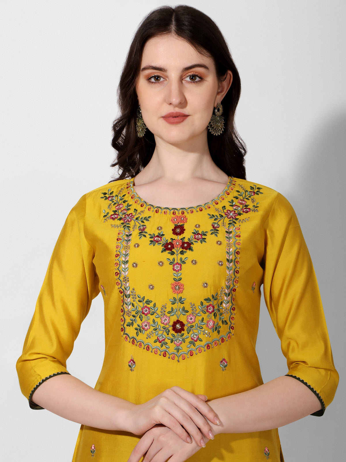 Embroidered Kurta With Pant & Printed Dupatta Set, Multicolor - Hiral Fashion | Grocsy