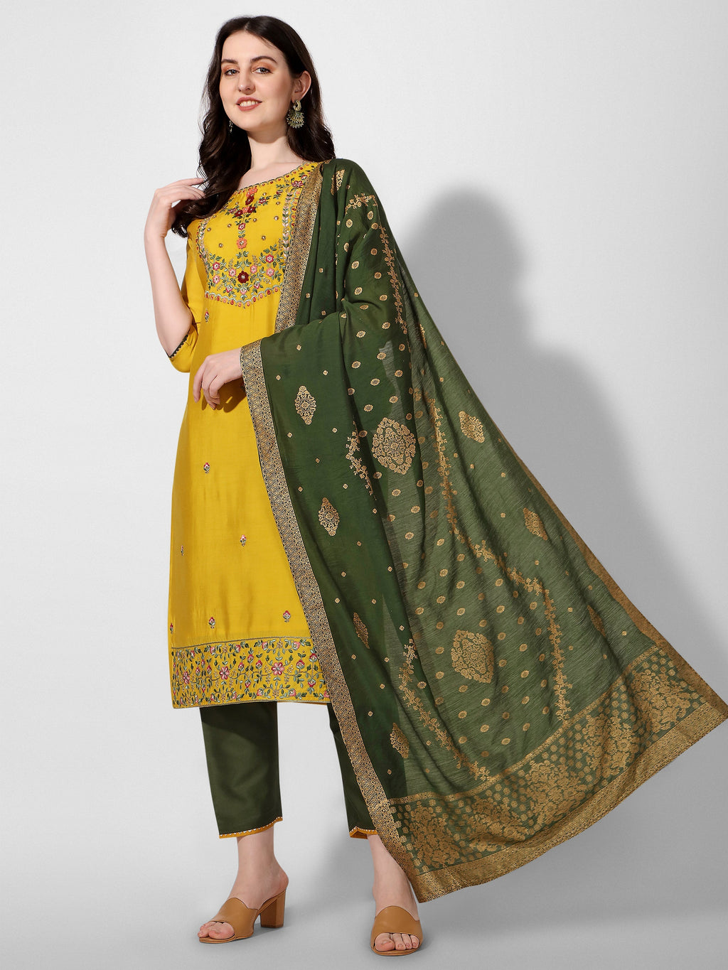 Embroidered Kurta With Pant & Printed Dupatta Set, Multicolor - Hiral Fashion | Grocsy
