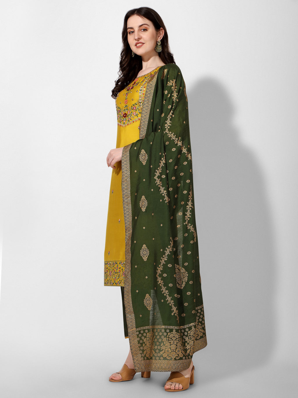 Embroidered Kurta With Pant & Printed Dupatta Set, Multicolor - Hiral Fashion | Grocsy