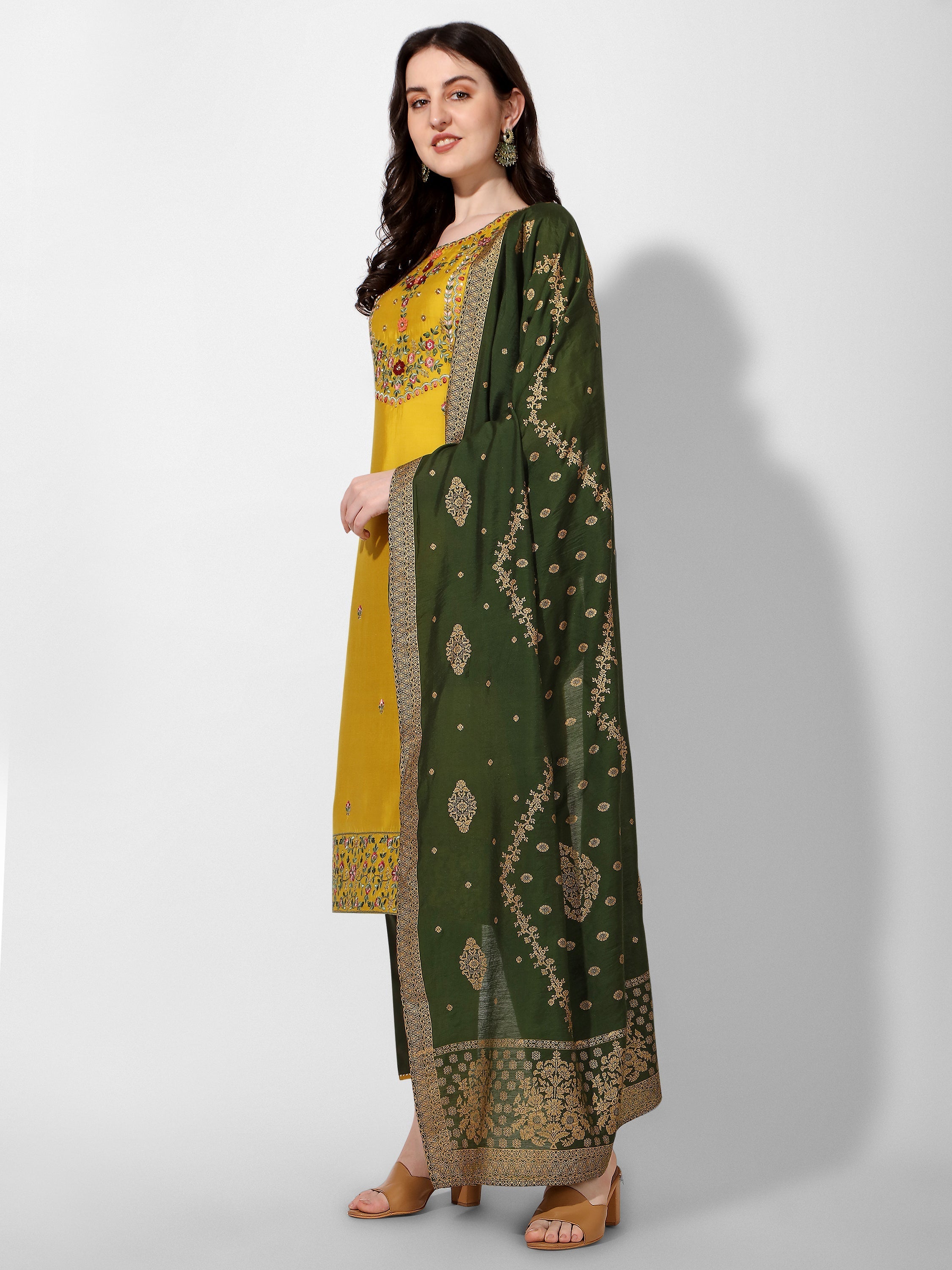 Embroidered Kurta With Pant & Printed Dupatta Set, Multicolor - Hiral Fashion | Grocsy