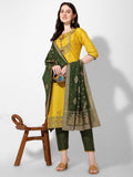 Embroidered Kurta With Pant & Printed Dupatta Set, Multicolor - Hiral Fashion | Grocsy