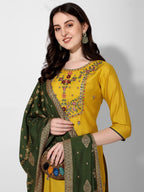 Embroidered Kurta With Pant & Printed Dupatta Set, Multicolor - Hiral Fashion | Grocsy