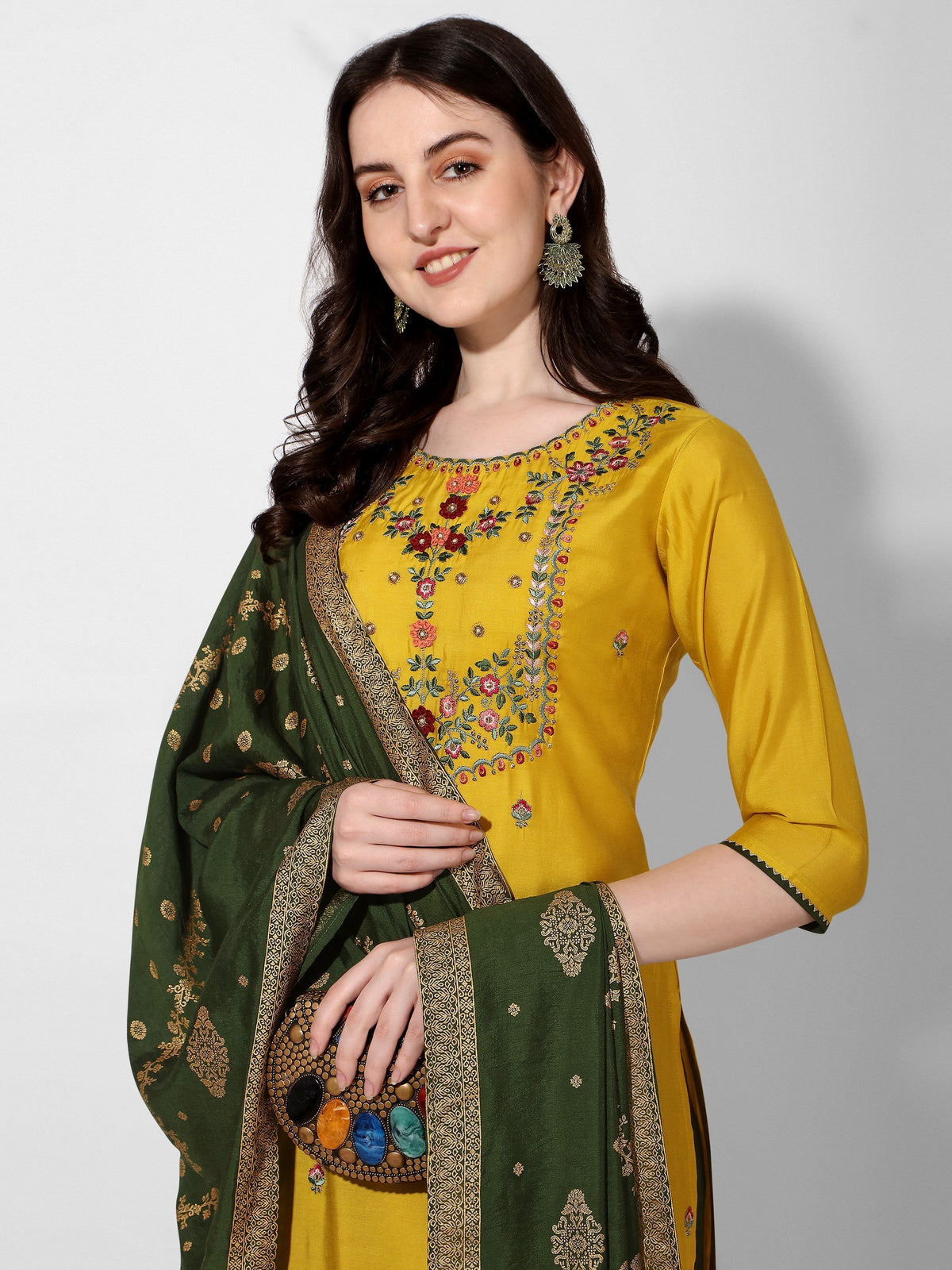 Embroidered Kurta With Pant & Printed Dupatta Set, Multicolor - Hiral Fashion | Grocsy