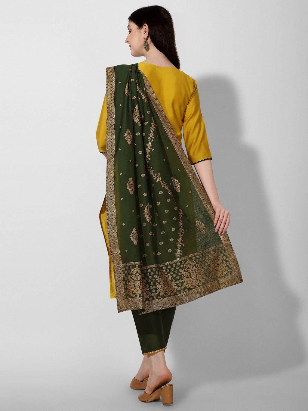 Embroidered Kurta With Pant & Printed Dupatta Set, Multicolor - Hiral Fashion | Grocsy