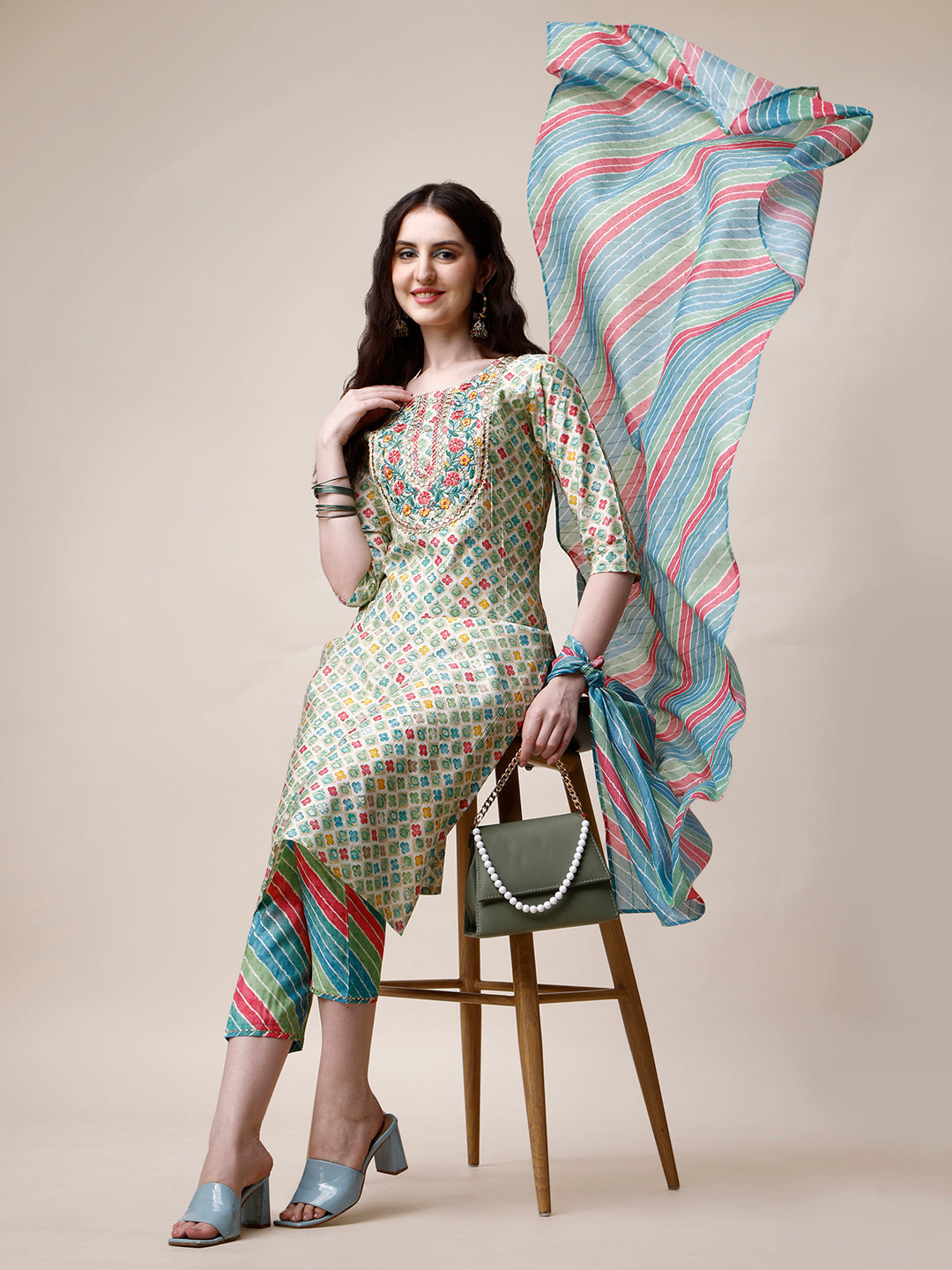 Ethnic Motif Printed & Embroidered Kurta With Pant And Dupatta Set, Multicolor - Hiral Fashion | Grocsy