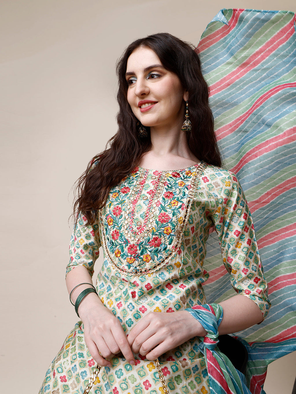 Ethnic Motif Printed & Embroidered Kurta With Pant And Dupatta Set, Multicolor - Hiral Fashion | Grocsy