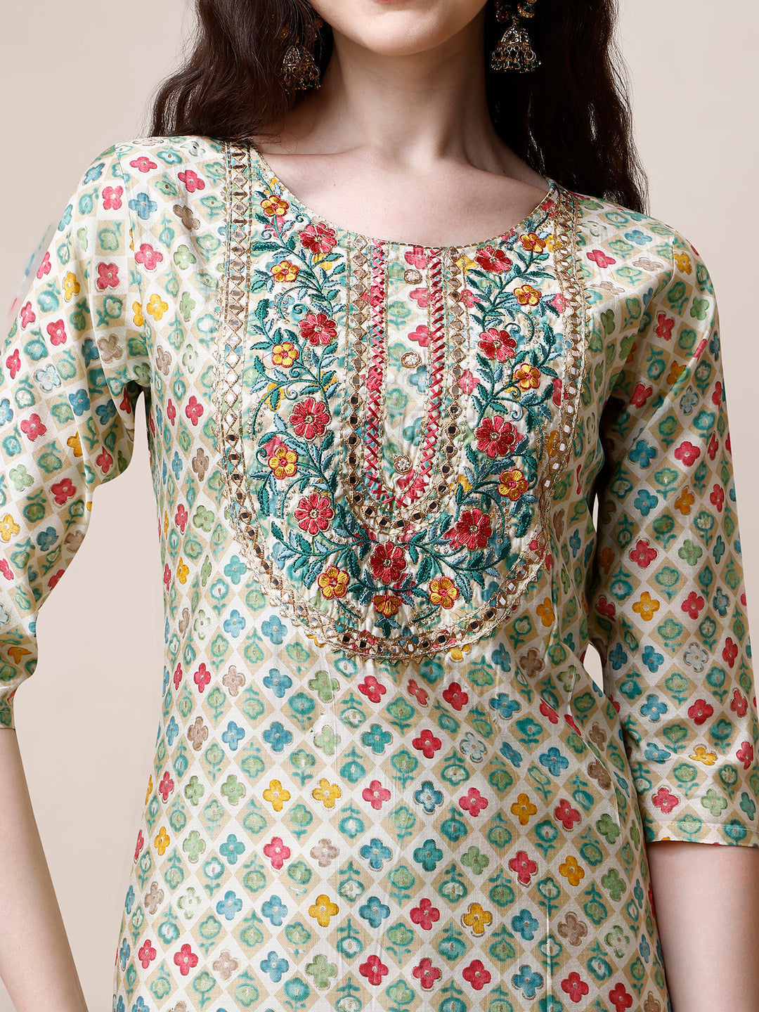 Ethnic Motif Printed & Embroidered Kurta With Pant And Dupatta Set, Multicolor - Hiral Fashion | Grocsy