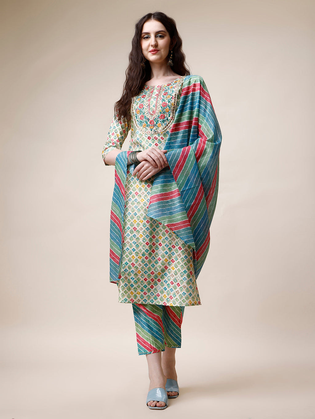 Ethnic Motif Printed & Embroidered Kurta With Pant And Dupatta Set, Multicolor - Hiral Fashion | Grocsy