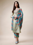 Ethnic Motif Printed & Embroidered Kurta With Pant And Dupatta Set, Multicolor - Hiral Fashion | Grocsy