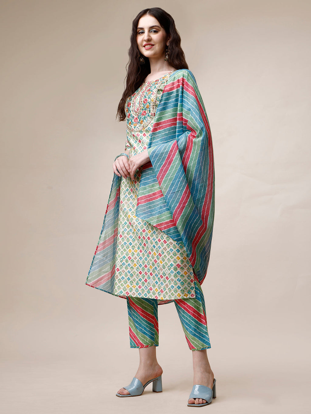 Ethnic Motif Printed & Embroidered Kurta With Pant And Dupatta Set, Multicolor - Hiral Fashion | Grocsy